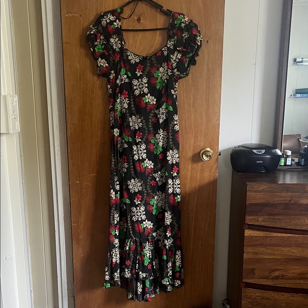 Hilo Hattie Black Maxi Dress with Red and Green Floral Design